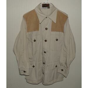 Vtg 60s 10X Men’s 44 Shooting Shirt Jacket Beige Leather Shoulder Pads USA